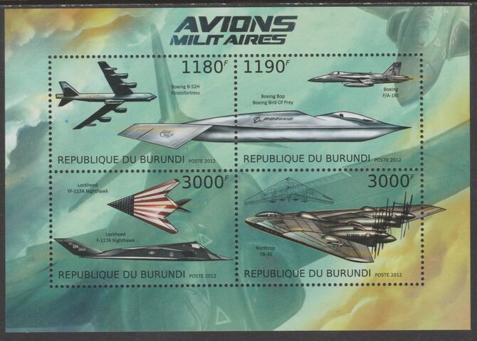 Burundi 2012 Military Aircraft perf sheetlet containing 4 values unmounted mint., stamps on , stamps on  stamps on aviation, stamps on  stamps on transport