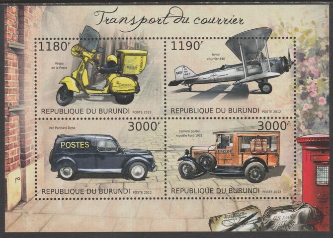 Burundi 2012 Service Transport perf sheetlet containing 4 values unmounted mint., stamps on aviation, stamps on , stamps on trucks, stamps on cars, stamps on motorcycles, stamps on transport