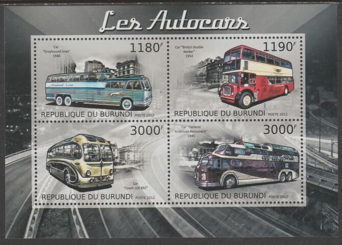 Burundi 2012 Public Transport perf sheetlet containing 4 values unmounted mint., stamps on , stamps on  stamps on buses, stamps on  stamps on coaches, stamps on  stamps on transport