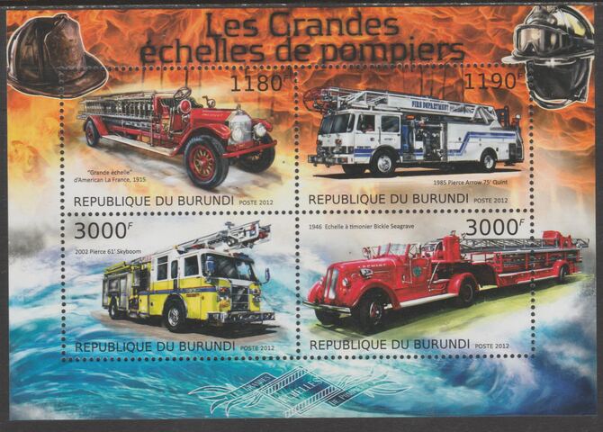 Burundi 2012 Fire Engines perf sheetlet containing 4 values unmounted mint., stamps on fire trucks, stamps on fire.
