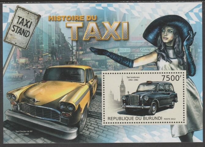 Burundi 2012 Taxi Cabs perf souvenir sheet containing 1 value unmounted mint., stamps on taxis, stamps on transport