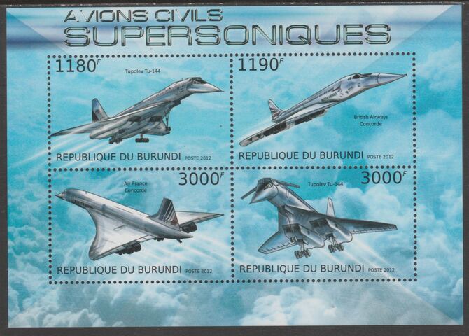 Burundi 2012 Supersonic Aircraft perf sheetlet containing 4 values unmounted mint., stamps on aviation, stamps on transport, stamps on concorde