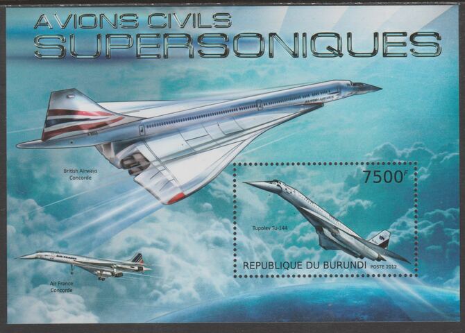 Burundi 2012 Supersonic Aircraft perf souvenir sheet containing 1 value unmounted mint., stamps on aviation, stamps on transport, stamps on concorde