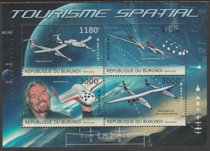 Burundi 2012 Tourisnm in Space perf sheetlet containing 4 values unmounted mint., stamps on , stamps on  stamps on aviation, stamps on  stamps on space, stamps on  stamps on transport