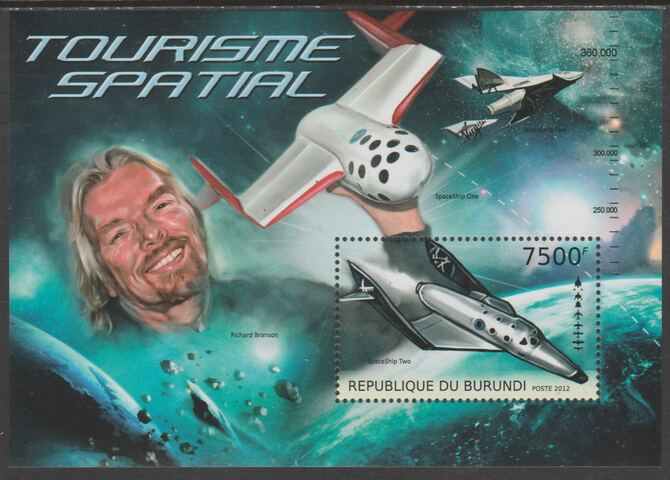 Burundi 2012 Tourisnm in Space perf souvenir sheet containing 1 value unmounted mint., stamps on aviation, stamps on space, stamps on transport