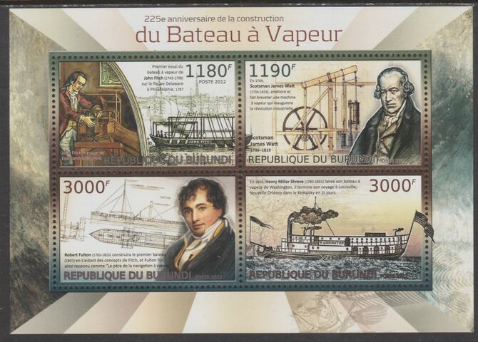 Burundi 2012 Steam Boats perf sheetlet containing 4 values unmounted mint., stamps on ships, stamps on paddle steamers, stamps on transport