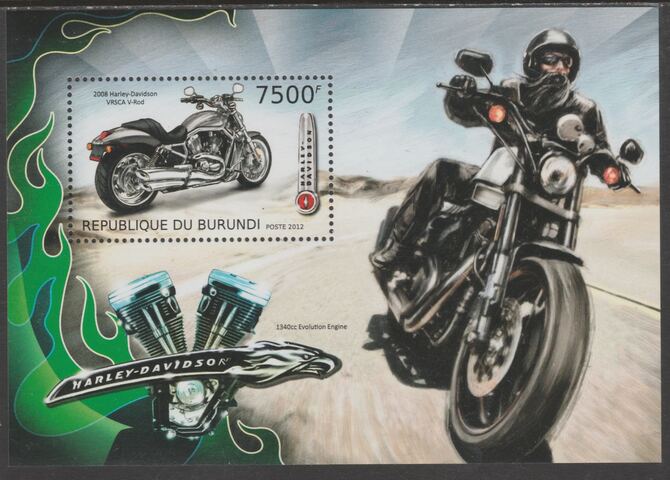 Burundi 2012 Harley Davidson Motorcycles perf souvenir sheet containing 1 value unmounted mint., stamps on motorcycles, stamps on transport