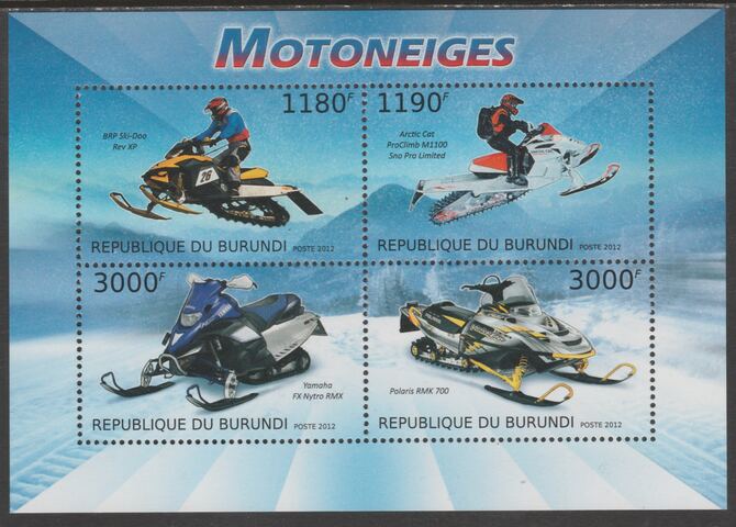 Burundi 2012 Snow Mobiles perf sheetlet containing 4 values unmounted mint., stamps on snow mobiles, stamps on transport