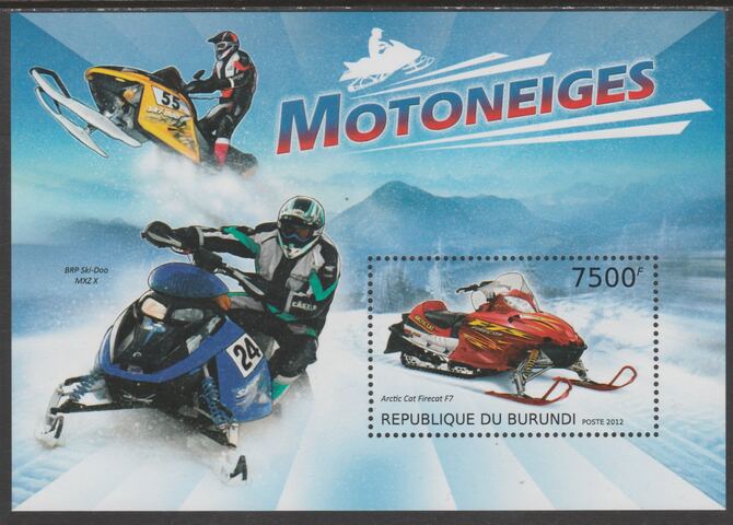 Burundi 2012 Snow Mobiles perf souvenir sheet containing 1 value unmounted mint., stamps on snow mobiles, stamps on transport