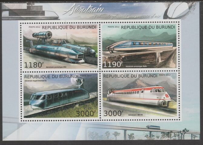 Burundi 2012 Aero Trains perf sheetlet containing 4 values unmounted mint., stamps on railways, stamps on transport