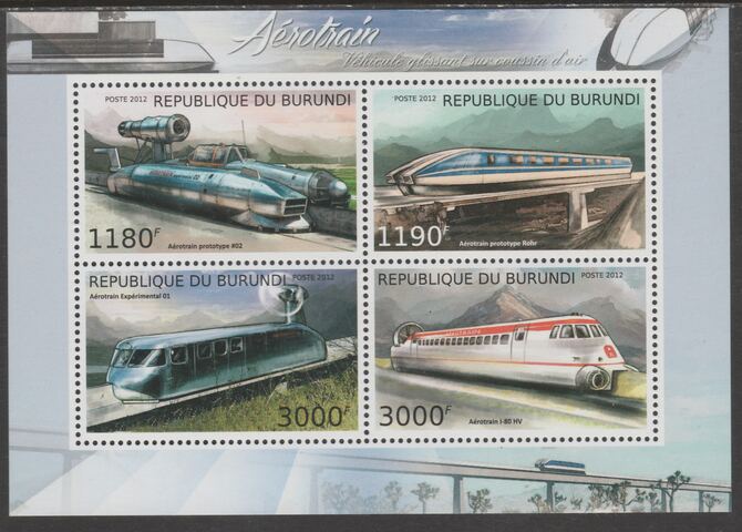 Burundi 2012 Aero Trains perf sheetlet containing 4 values unmounted mint., stamps on , stamps on  stamps on railways, stamps on  stamps on transport