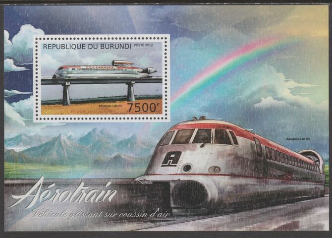 Burundi 2012 Aero Trains perf souvenir sheet containing 1 value unmounted mint., stamps on , stamps on  stamps on railways, stamps on  stamps on transport, stamps on  stamps on rainbows