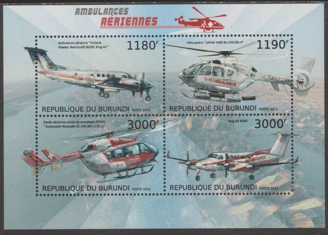 Burundi 2012 Air Ambulances perf sheetlet containing 4 values unmounted mint., stamps on aviation, stamps on transport, stamps on helicopters, stamps on medical