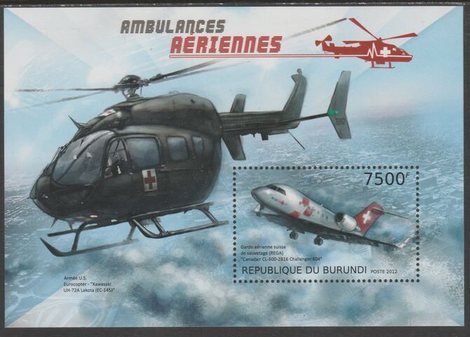 Burundi 2012 Air Ambulances perf souvenir sheet containing 1 value unmounted mint., stamps on aviation, stamps on transport, stamps on helicopters, stamps on medical
