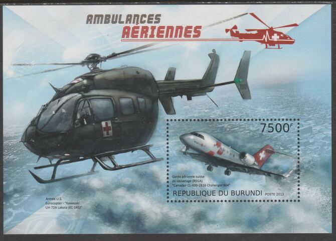 Burundi 2012 Air Ambulances perf souvenir sheet containing 1 value unmounted mint., stamps on , stamps on  stamps on aviation, stamps on  stamps on transport, stamps on  stamps on helicopters, stamps on  stamps on medical