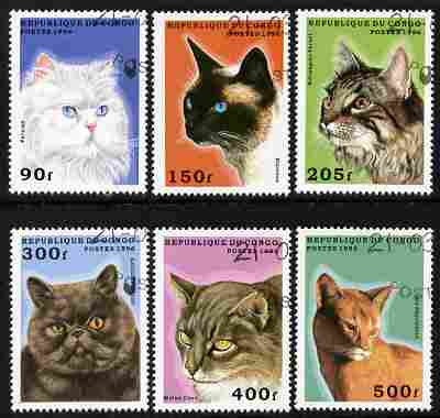 Congo 1995 Domestic Cats perf set of 6 fine cto used, stamps on , stamps on  stamps on cats