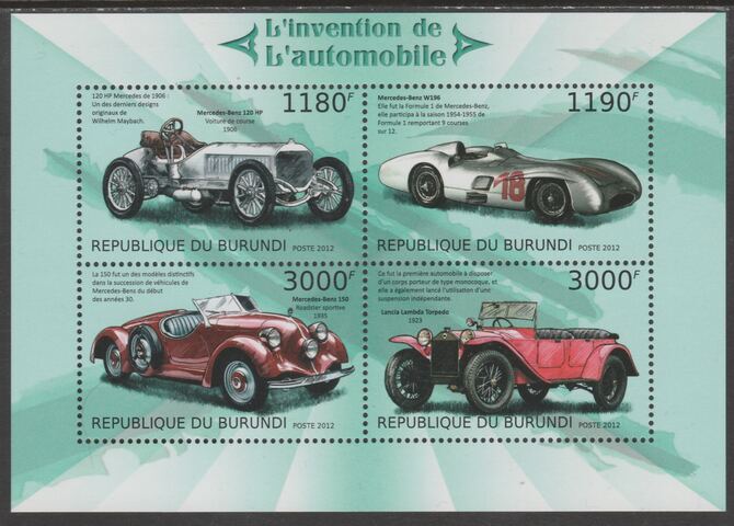 Burundi 2012 Invention of the Automobile perf sheetlet containing 4 values unmounted mint., stamps on , stamps on  stamps on , stamps on  stamps on transport, stamps on  stamps on cars