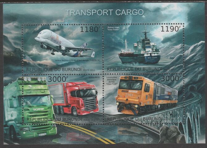 Burundi 2012 Transport - Cargo perf sheetlet containing 4 values unmounted mint., stamps on aviation, stamps on ships, stamps on trucks, stamps on railways, stamps on transport