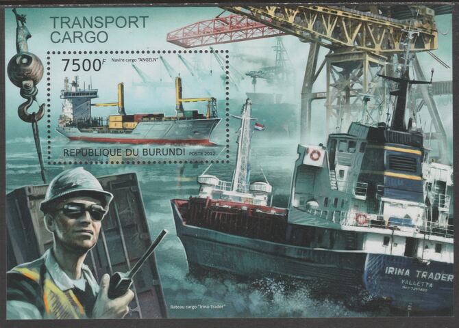 Burundi 2012 Transport - Cargo perf souvenir sheet containing 1 value unmounted mint., stamps on aviation, stamps on ships, stamps on trucks, stamps on railways