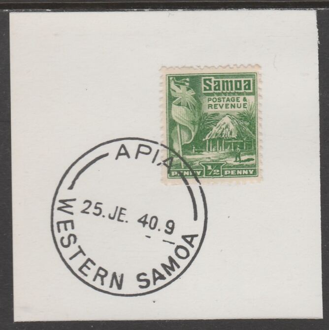 Samoa 1921 Native Hut 1/2d green on piece cancelled with full strike of Madame Joseph forged postmark type 376, stamps on , stamps on  kg5 , stamps on forgeries, stamps on  