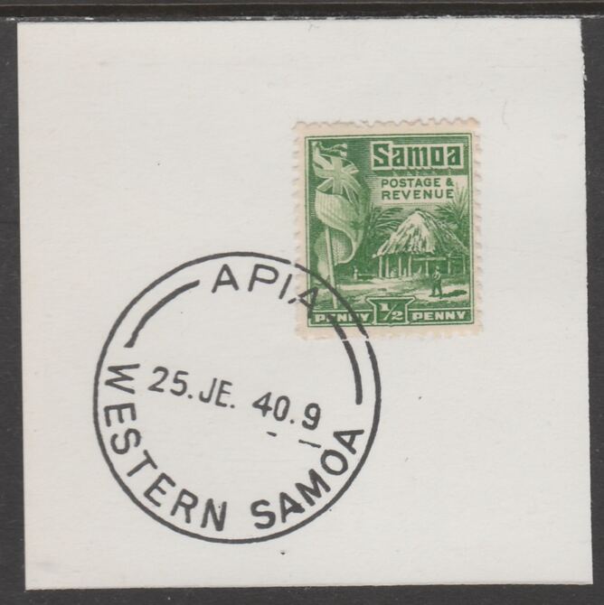 Samoa 1921 Native Hut 1/2d green on piece cancelled with full strike of Madame Joseph forged postmark type 376, stamps on , stamps on  kg5 , stamps on forgeries, stamps on 