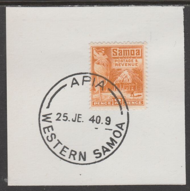 Samoa 1921 Native Hut 2d yellow on piece cancelled with full strike of Madame Joseph forged postmark type 376, stamps on , stamps on  stamps on , stamps on  stamps on  kg5 , stamps on  stamps on forgeries, stamps on  stamps on  