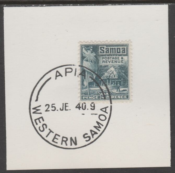 Samoa 1921 Native Hut 2.5d grey-blue on piece cancelled with full strike of Madame Joseph forged postmark type 376, stamps on , stamps on  stamps on , stamps on  stamps on  kg5 , stamps on  stamps on forgeries, stamps on  stamps on  