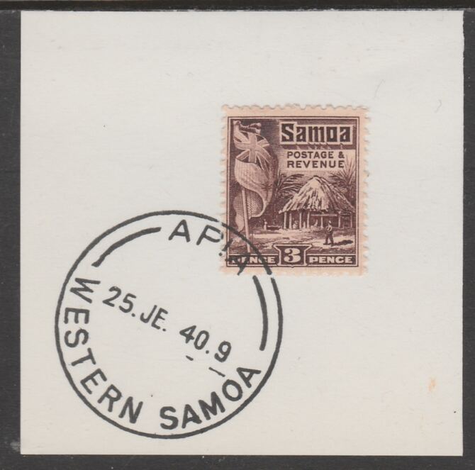 Samoa 1921 Native Hut 3d sepia on piece cancelled with full strike of Madame Joseph forged postmark type 376, stamps on , stamps on  kg5 , stamps on forgeries, stamps on  