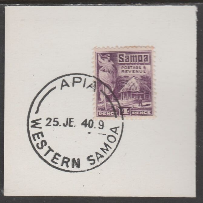 Samoa 1921 Native Hut 4d violet on piece cancelled with full strike of Madame Joseph forged postmark type 376, stamps on , stamps on  stamps on , stamps on  stamps on  kg5 , stamps on  stamps on forgeries, stamps on  stamps on  