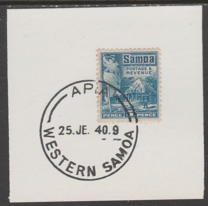 Samoa 1921 Native Hut 5d light blue on piece cancelled with full strike of Madame Joseph forged postmark type 376, stamps on , stamps on  stamps on , stamps on  stamps on  kg5 , stamps on  stamps on forgeries, stamps on  stamps on  
