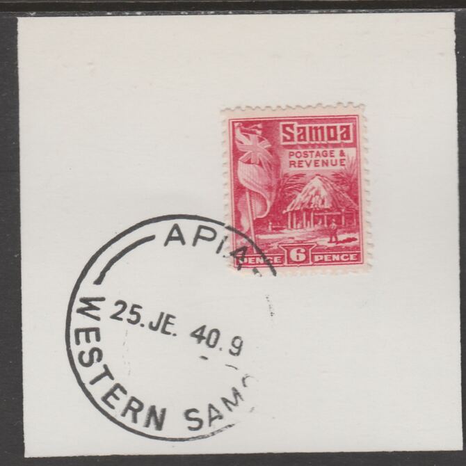 Samoa 1921 Native Hut 6d bright carmine on piece cancelled with full strike of Madame Joseph forged postmark type 376, stamps on , stamps on  stamps on , stamps on  stamps on  kg5 , stamps on  stamps on forgeries, stamps on  stamps on  