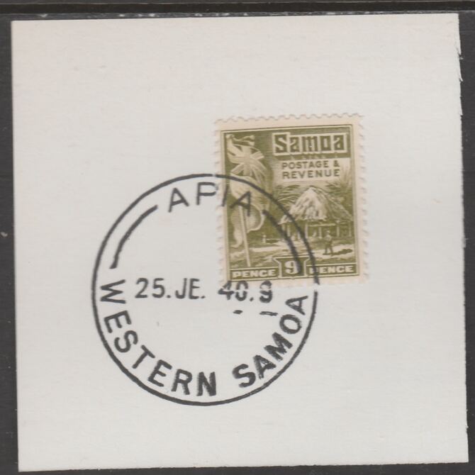 Samoa 1921 Native Hut 9d olive-green on piece cancelled with full strike of Madame Joseph forged postmark type 376, stamps on , stamps on  kg5 , stamps on forgeries, stamps on 