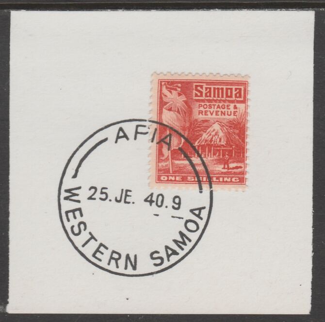 Samoa 1921 Native Hut 1s vermilion on piece cancelled with full strike of Madame Joseph forged postmark type 376, stamps on , stamps on  kg5 , stamps on forgeries, stamps on  