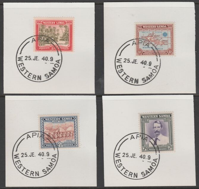 Samoa 1939 Anniv of New Zealand Control set of 4 each on individual piece cancelled with full strike of Madame Joseph forged postmark type 376, stamps on , stamps on  kg5 , stamps on forgeries, stamps on  
