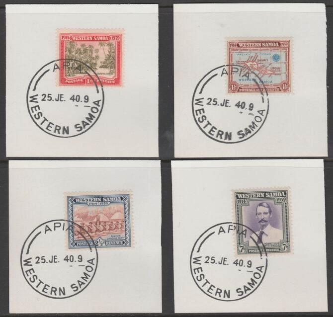 Samoa 1939 Anniv of New Zealand Control set of 4 each on individual piece cancelled with full strike of Madame Joseph forged postmark type 376, stamps on , stamps on  stamps on , stamps on  stamps on  kg5 , stamps on  stamps on forgeries, stamps on  stamps on  