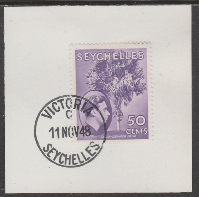 Seychelles 1938 KG6 50c reddish-violet on piece cancelled with full strike of Madame Joseph forged postmark type 389, stamps on , stamps on  stamps on , stamps on  stamps on  kg6 , stamps on  stamps on forgeries, stamps on  stamps on 