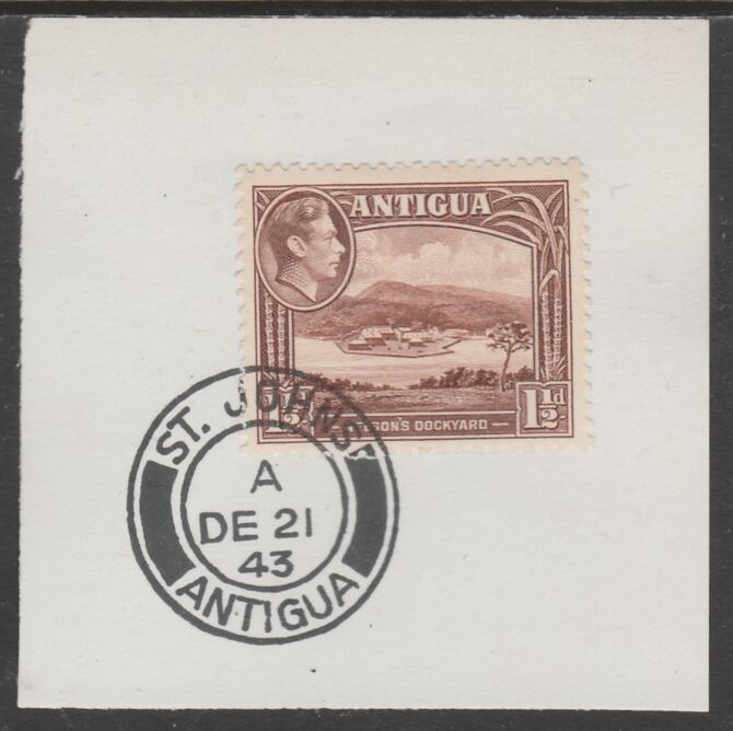 Antigua 1938 KG6 1.5d brown on piece with full strike of Madame Joseph forged postmark type 18, stamps on , stamps on  stamps on , stamps on  stamps on  kg6 , stamps on  stamps on foprgeries