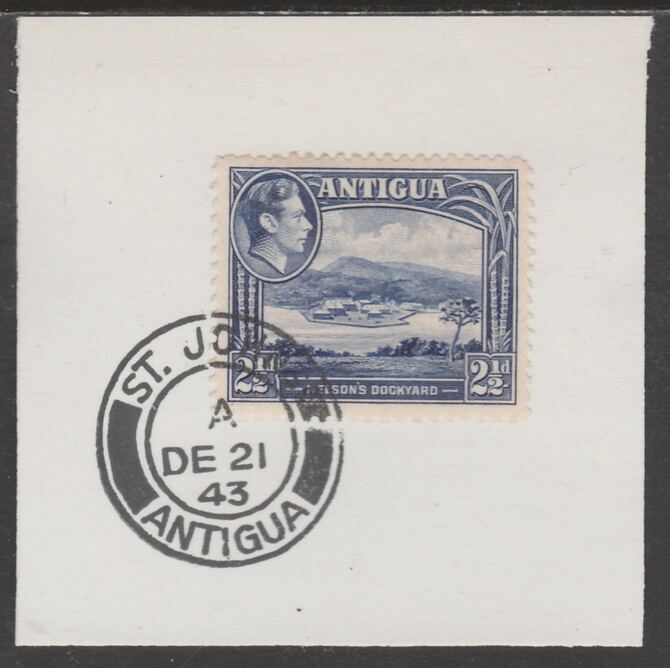 Antigua 1938 KG6 2.5d ultramarine on piece with full strike of Madame Joseph forged postmark type 18, stamps on , stamps on  kg6 , stamps on foprgeries
