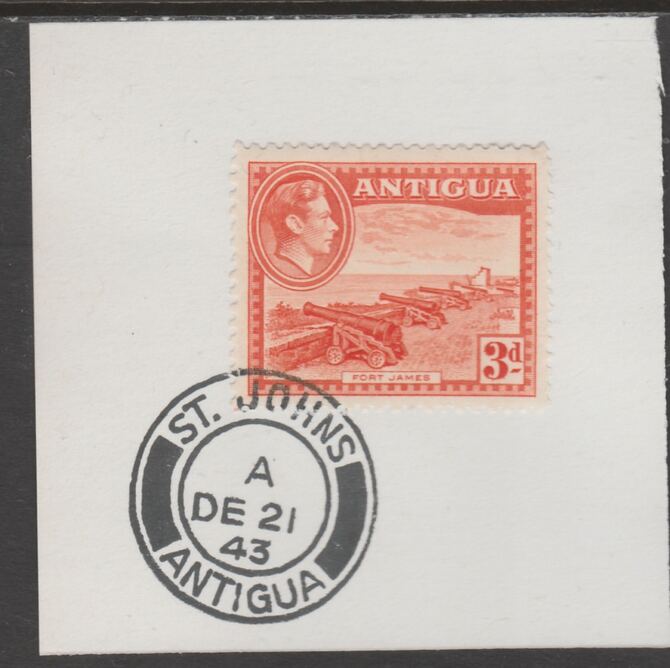 Antigua 1938 KG6 3d orange on piece with full strike of Madame Joseph forged postmark type 18, stamps on , stamps on  kg6 , stamps on foprgeries