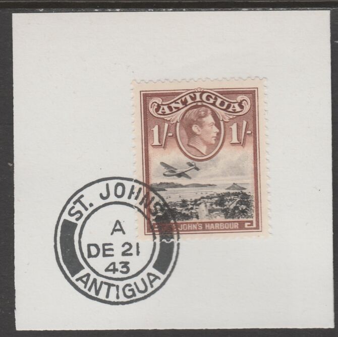 Antigua 1938 KG6 1s black & brown on piece with full strike of Madame Joseph forged postmark type 18, stamps on , stamps on  kg6 , stamps on foprgeries