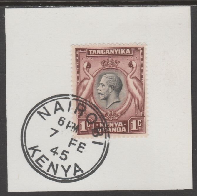 Kenya, Uganda & Tanganyika 1935 KG5 1c black & red-brown on piece cancelled with full strike of Madame Joseph forged postmark type 226, stamps on , stamps on  kg5 , stamps on forgeries