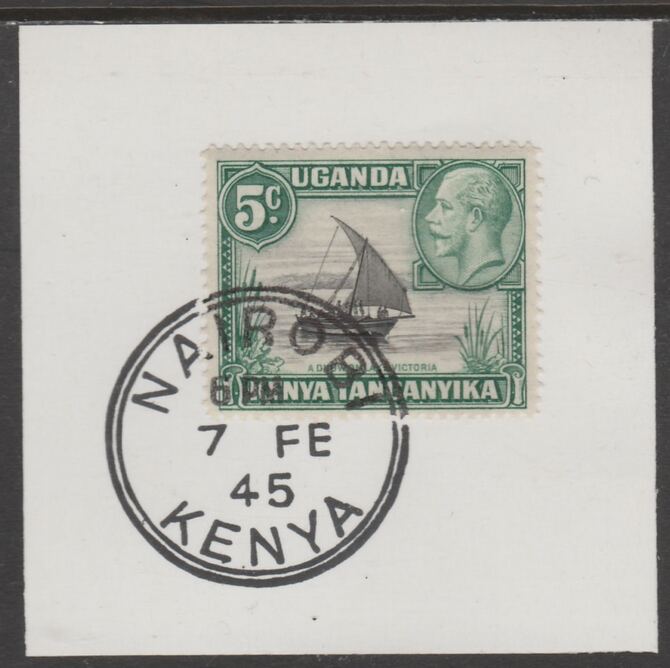 Kenya, Uganda & Tanganyika 1935 KG5 5c black & green on piece cancelled with full strike of Madame Joseph forged postmark type 226, stamps on , stamps on  kg5 , stamps on forgeries