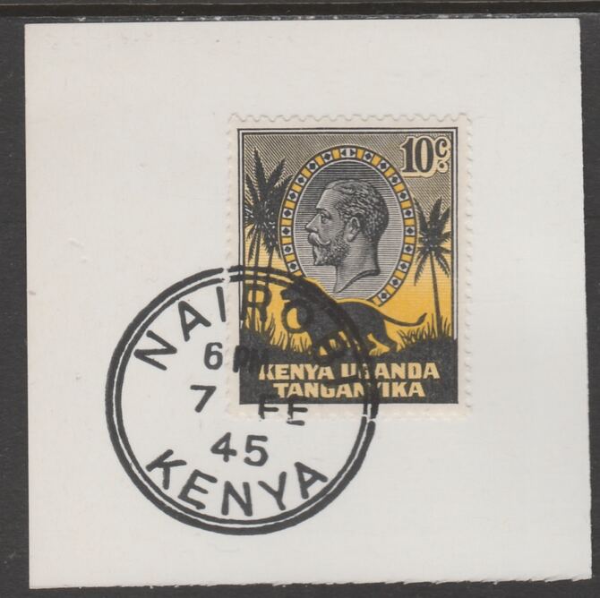 Kenya, Uganda & Tanganyika 1935 KG5 10c black & yellow on piece cancelled with full strike of Madame Joseph forged postmark type 226, stamps on , stamps on  stamps on , stamps on  stamps on  kg5 , stamps on  stamps on forgeries