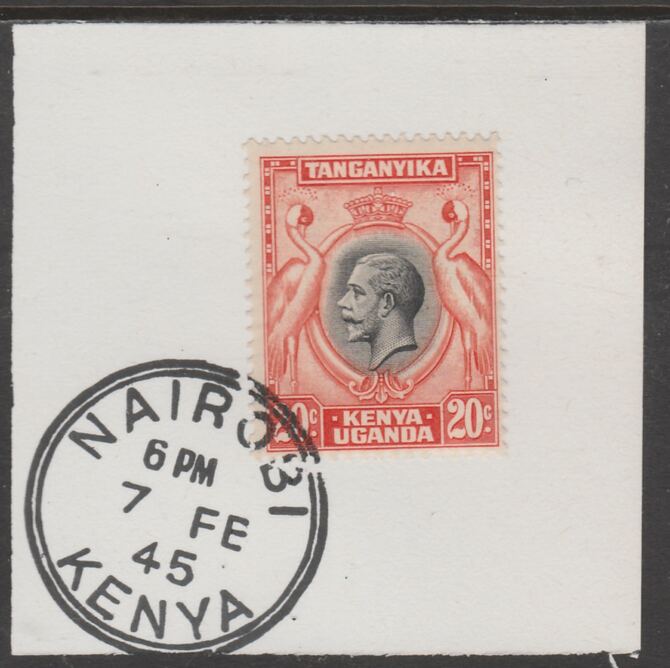 Kenya, Uganda & Tanganyika 1935 KG5 20c black & orange on piece cancelled with full strike of Madame Joseph forged postmark type 226, stamps on , stamps on  kg5 , stamps on forgeries