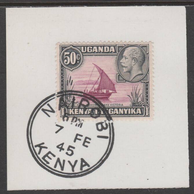 Kenya, Uganda & Tanganyika 1935 KG5 50c purple & black on piece cancelled with full strike of Madame Joseph forged postmark type 224 or 226, stamps on , stamps on  stamps on , stamps on  stamps on  kg5 , stamps on  stamps on forgeries