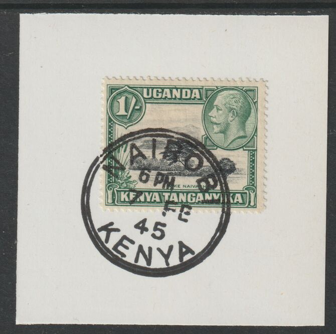 Kenya, Uganda & Tanganyika 1935 KG5 1s black & green on piece cancelled with full strike of Madame Joseph forged postmark type 226, stamps on , stamps on  kg5 , stamps on forgeries