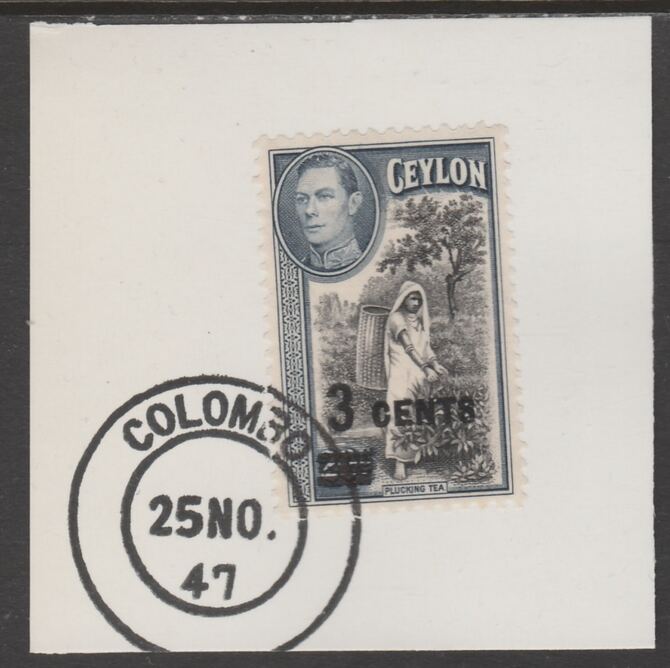 Ceylon 1940 KG6 surcharged 3c on 20c on piece cancelled with full strike of Madame Joseph forged postmark type 122, stamps on , stamps on  kg6 , stamps on forgeries