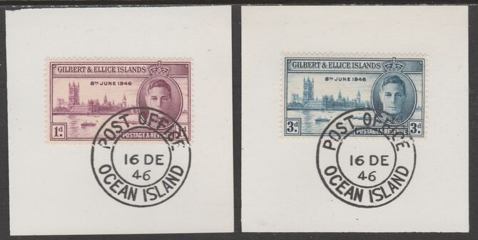 Gilbert & Ellice Islands 1946 KG6 Victory set of 2 each on individual piece cancelled with full strike of Madame Joseph forged postmark type 193, stamps on , stamps on  stamps on , stamps on  stamps on  kg6 , stamps on  stamps on forgeries, stamps on  stamps on  ww2 , stamps on  stamps on london