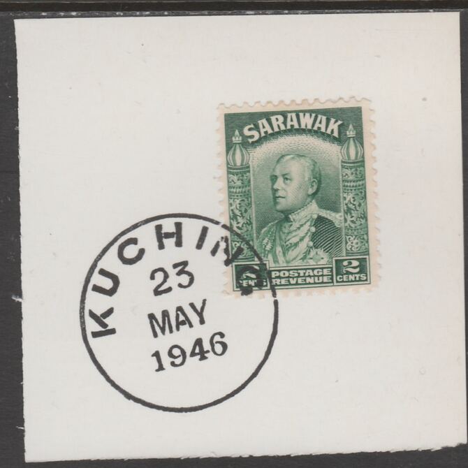 Sarawak 1934 Sir Charles Brooke 2c green on piece cancelled with full strike of Madame Joseph forged postmark type 378, stamps on , stamps on  kg5 , stamps on forgeries
