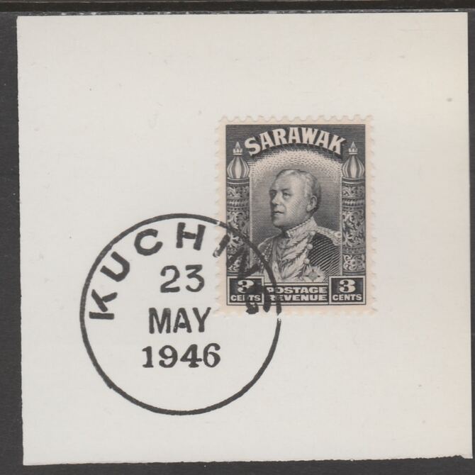 Sarawak 1934 Sir Charles Brooke 3c black on piece cancelled with full strike of Madame Joseph forged postmark type 378, stamps on , stamps on  kg5 , stamps on forgeries